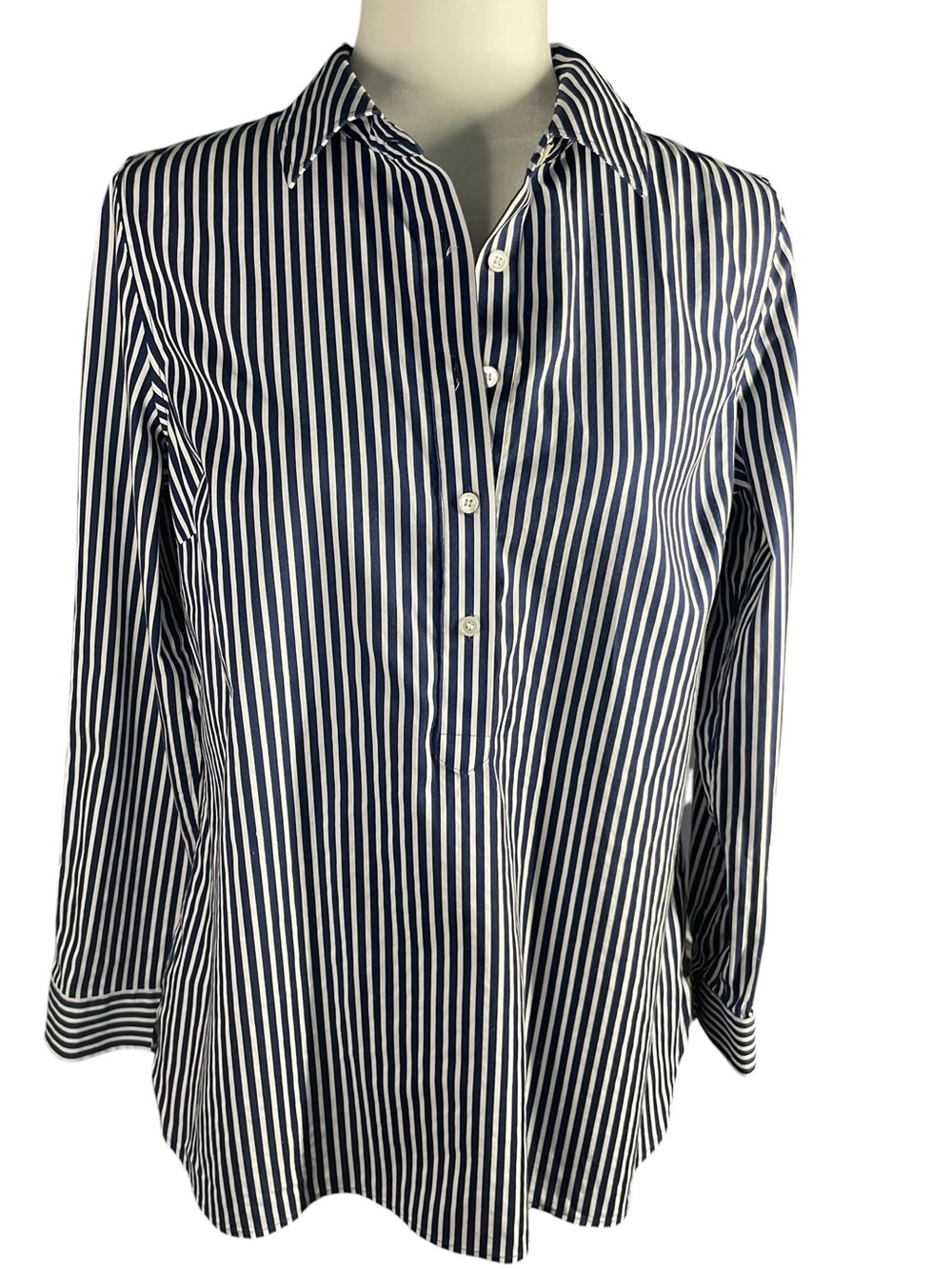 Talbots Blue White Stripe Half Button Tunic Size 8 Non Iron Classic Tailored